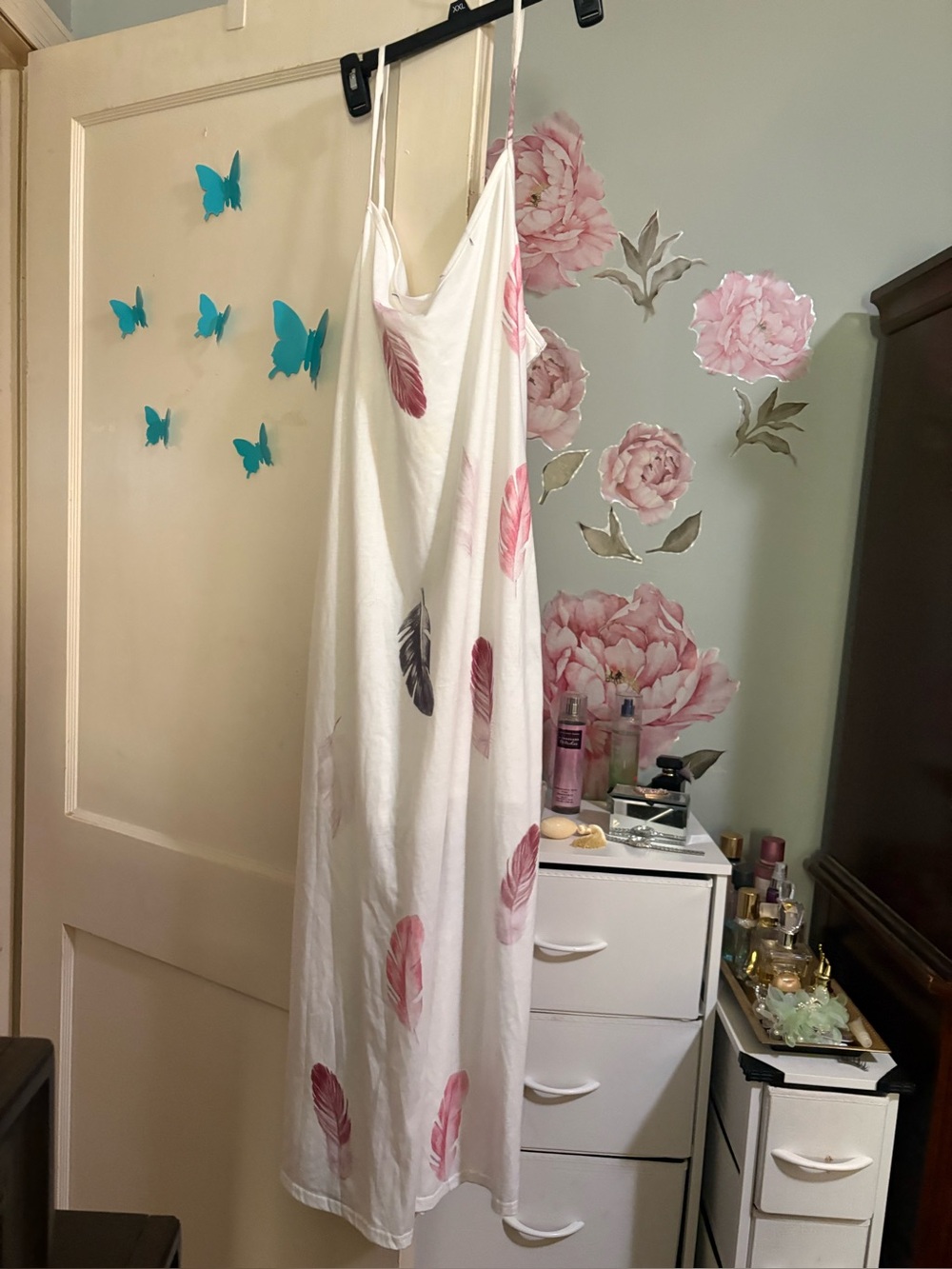 White Slip Dress with Pink & Gray Feather Print sz 14-16